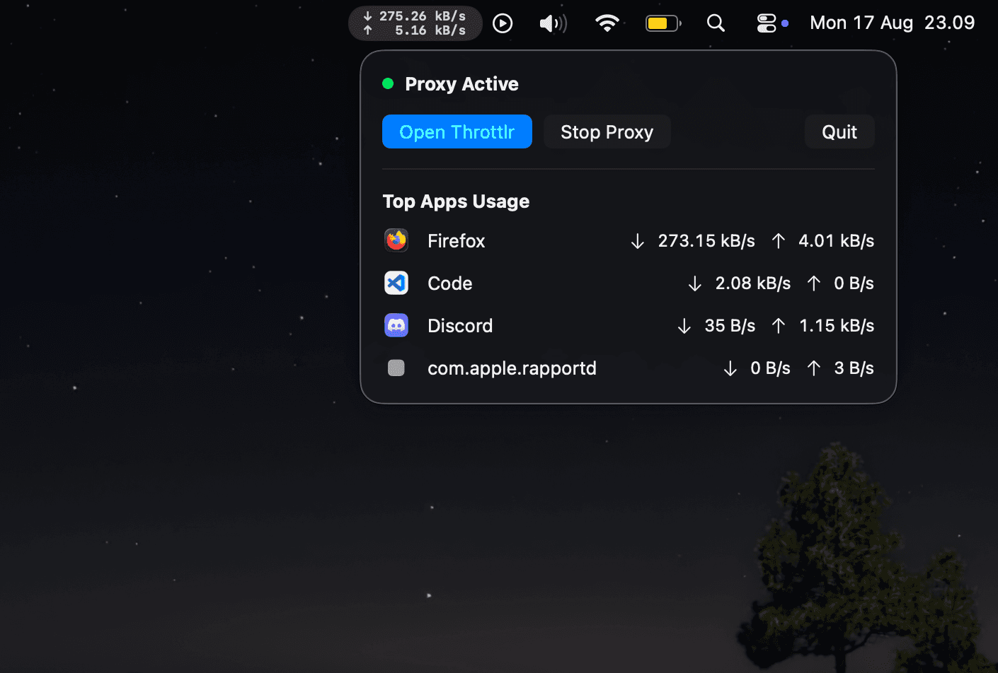 Throttlr's macOS menu bar showing live download and upload speeds beside the open proxy controls and top app usage