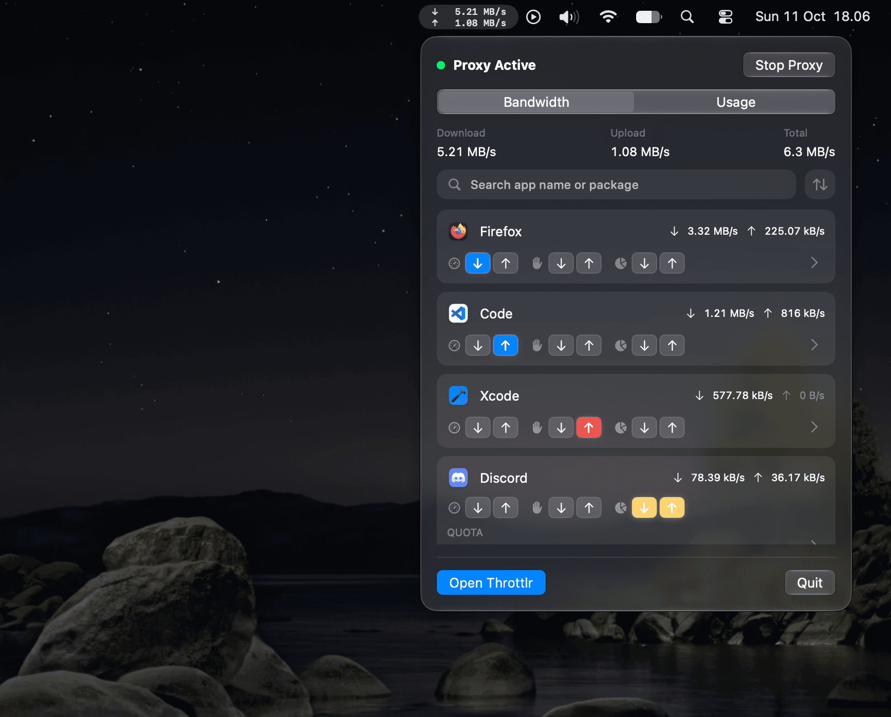 Throttlr's expanded menu bar panel showing total download and upload rates, app search, and per-app throttle, block, and quota controls