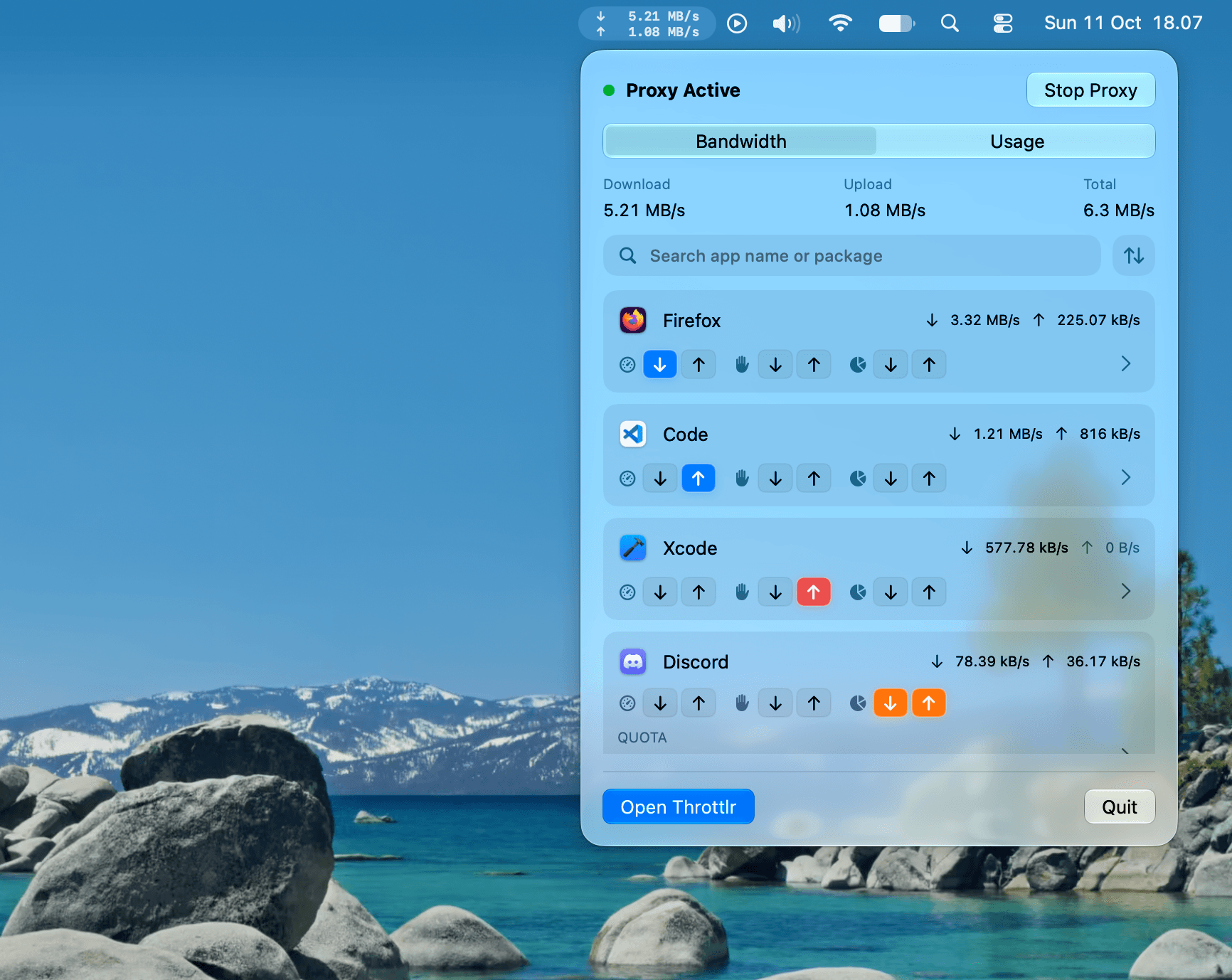 Throttlr's expanded menu bar panel showing total download and upload rates, app search, and per-app throttle, block, and quota controls